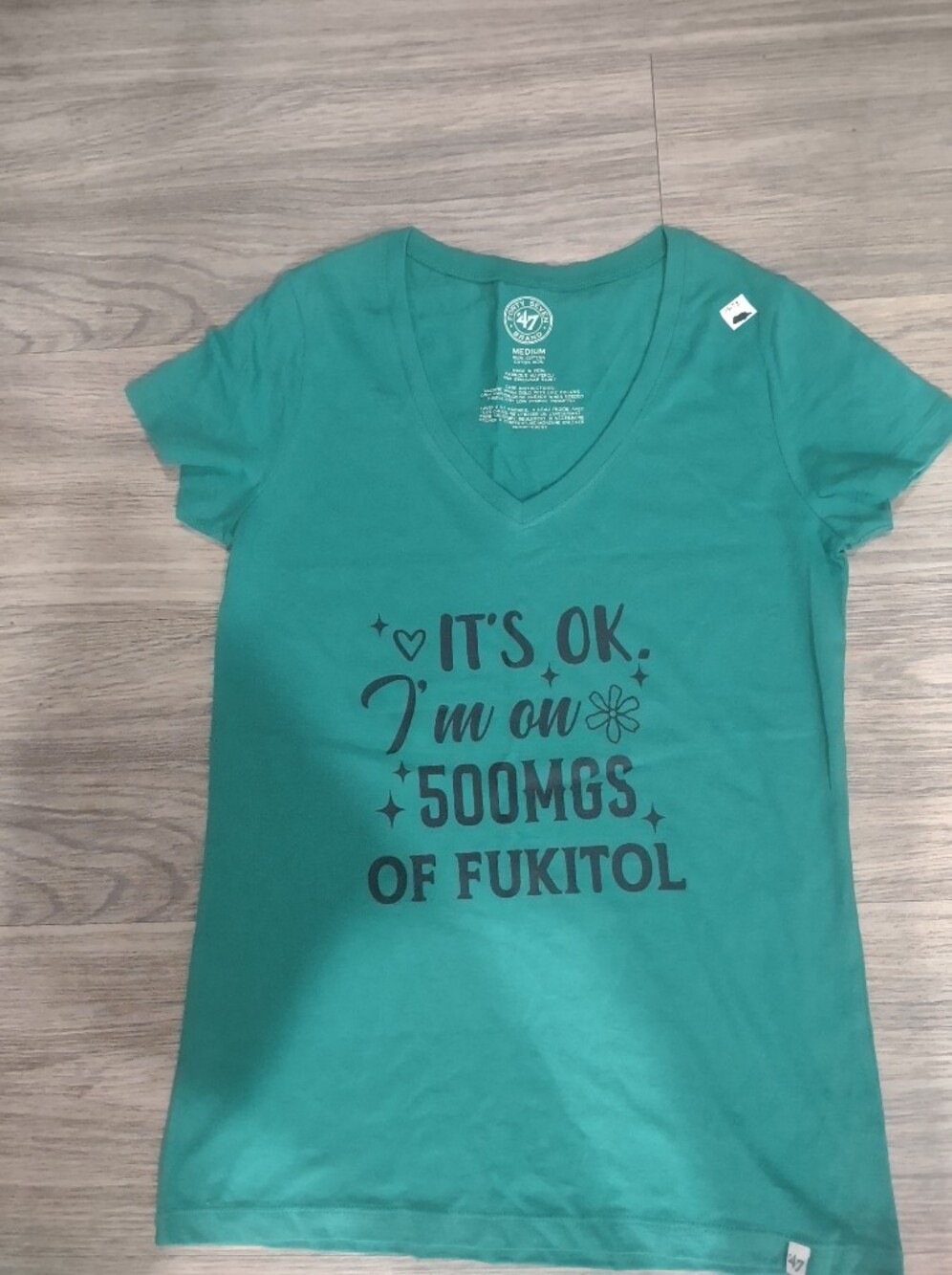 47 Teal V-Neck Graphic Tee - Black Print
